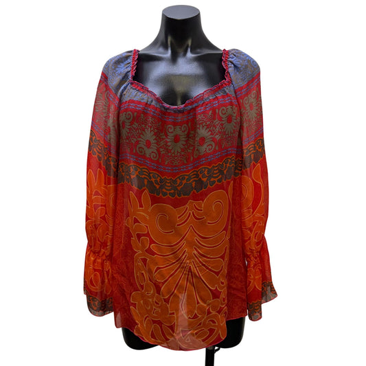 Hale Bob Printed Silk Blouse Red & Orange Long Sleeve Size M