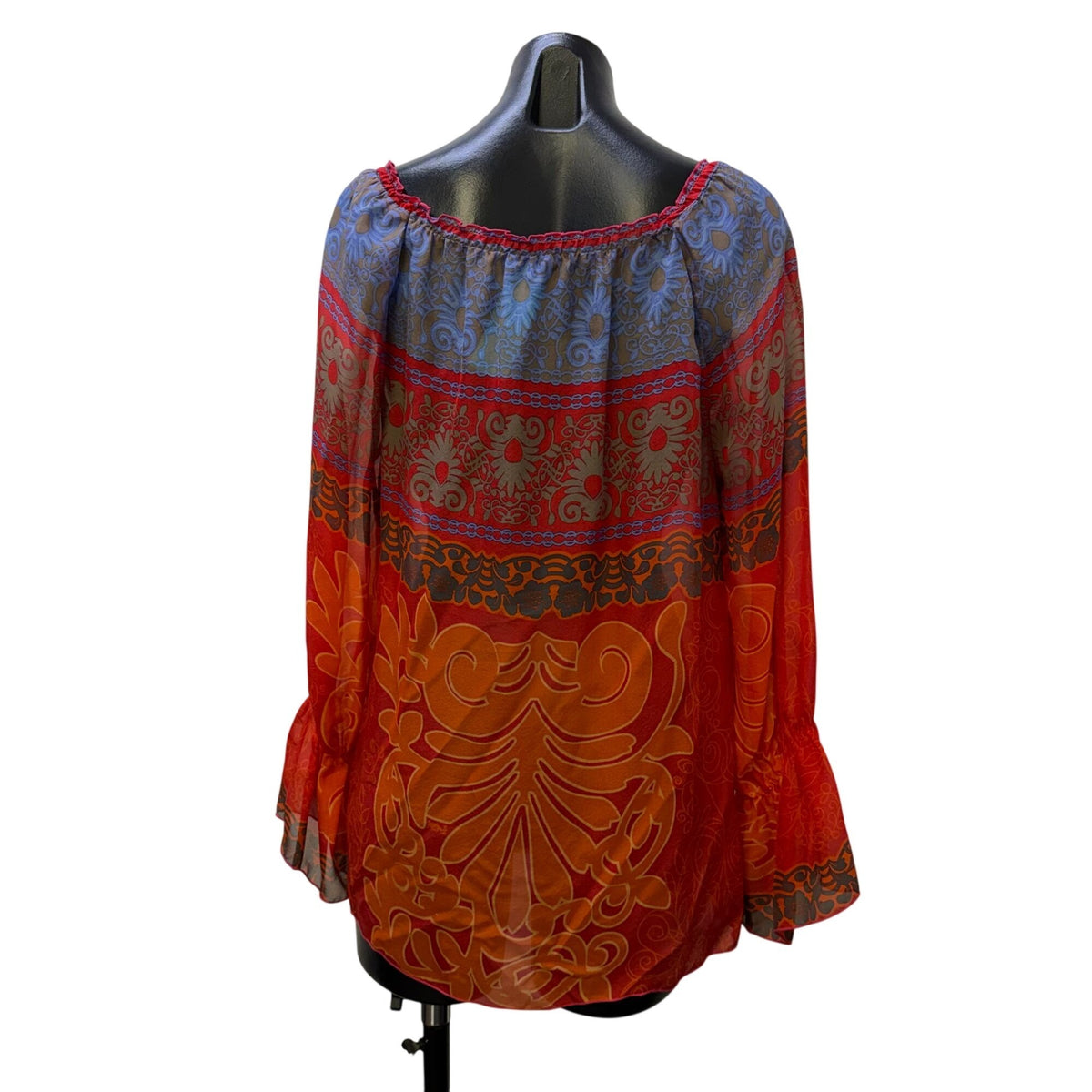 Hale Bob Printed Silk Blouse Red & Orange Long Sleeve Size M