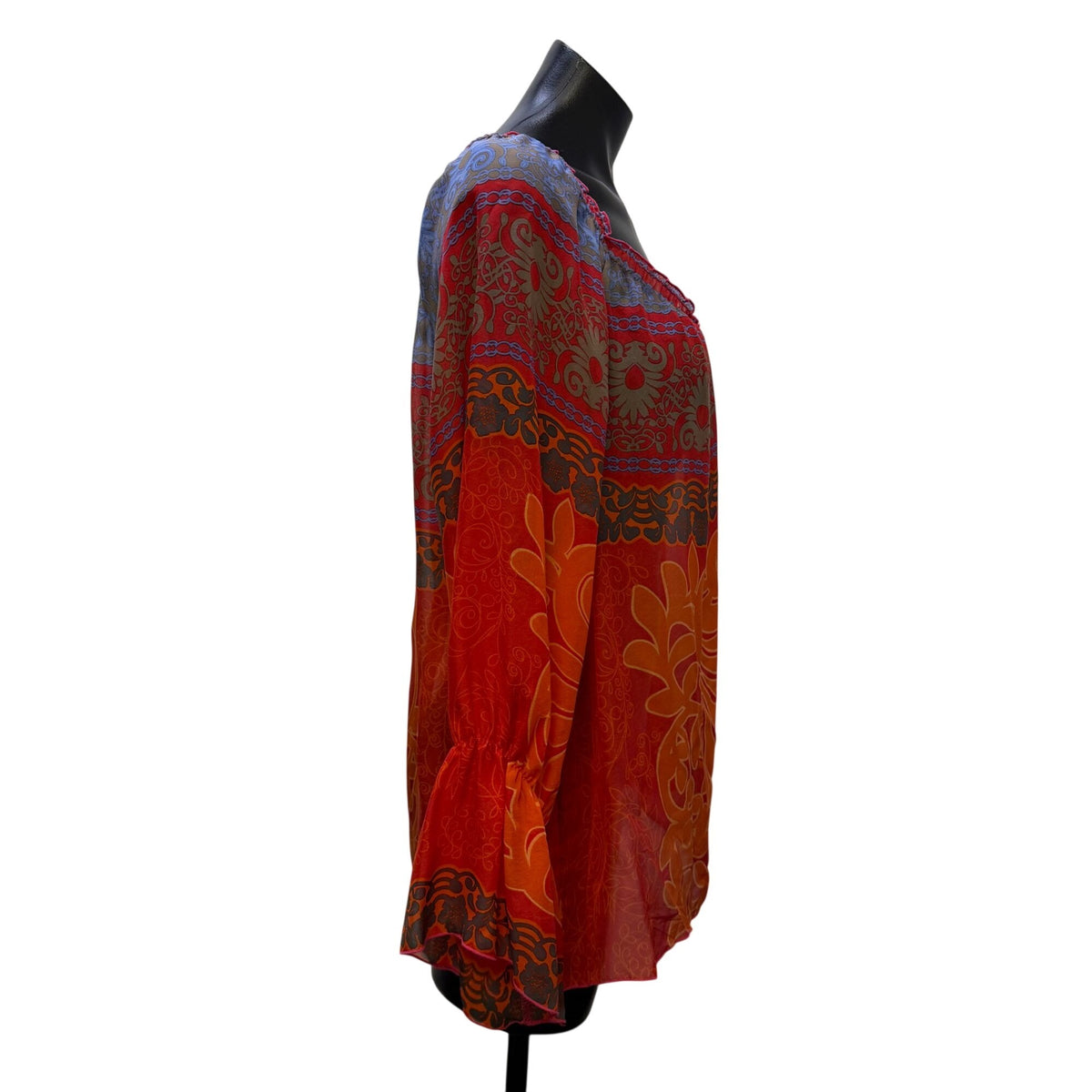 Hale Bob Printed Silk Blouse Red & Orange Long Sleeve Size M
