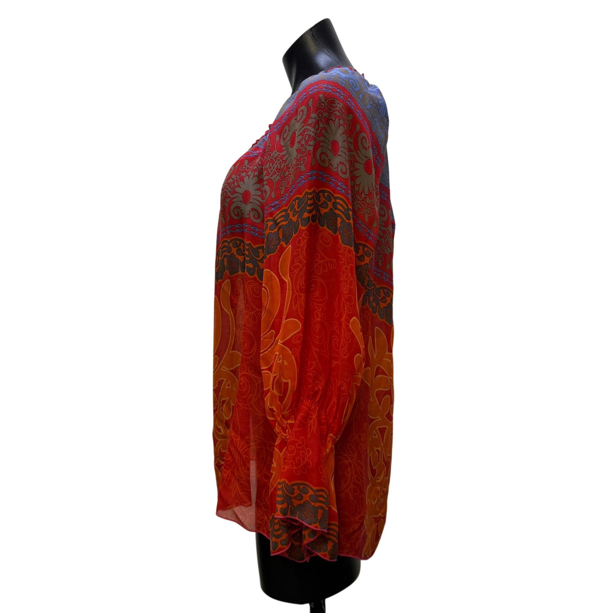 Hale Bob Printed Silk Blouse Red & Orange Long Sleeve Size M
