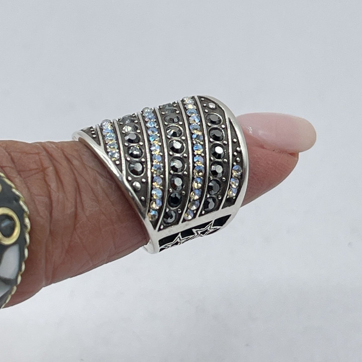 Brighton Silver Wide Band Ring Crystals & Stars Design 5