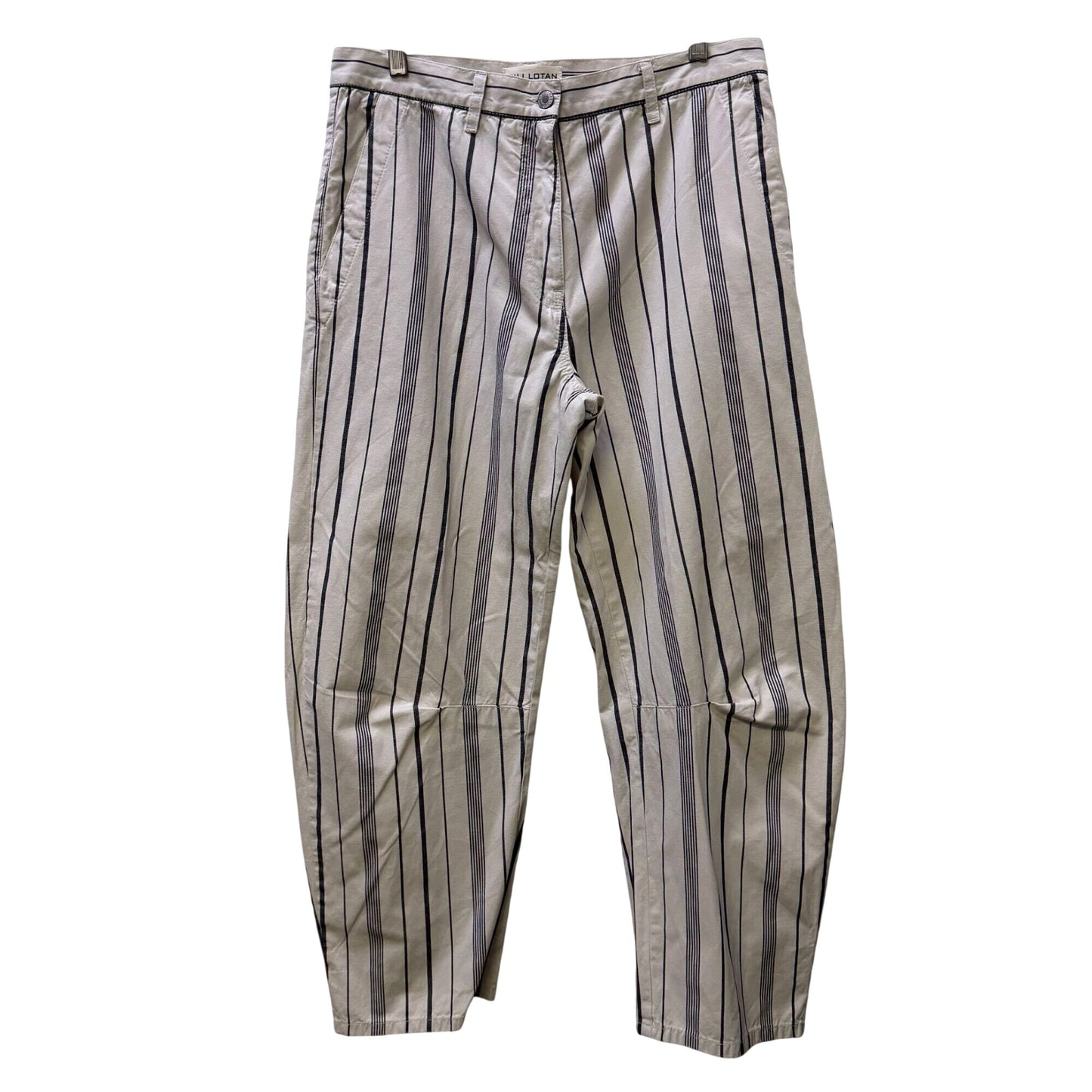 Nili Lotan Striped Cream & Gray Cotton-Linen Pants Size 6