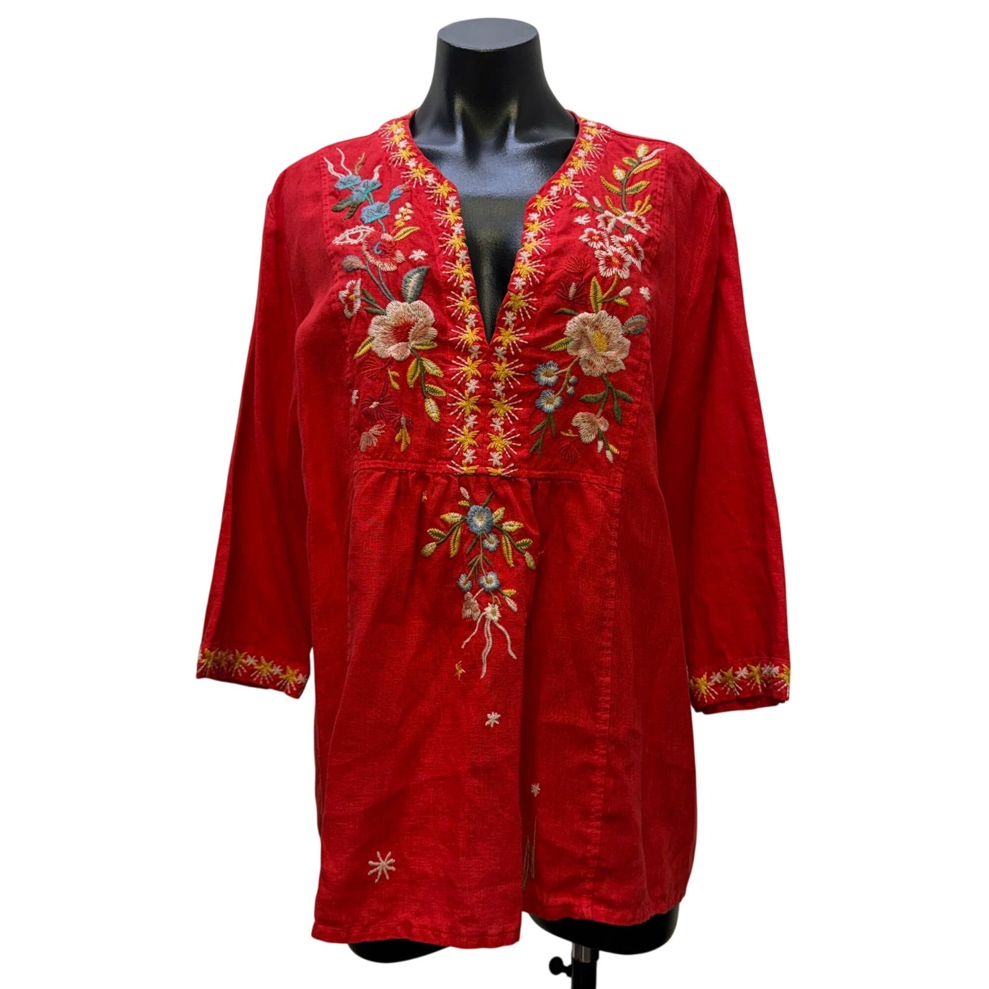 Johnny Was Red Embroidered Cotton Blouse Floral Red Multi L