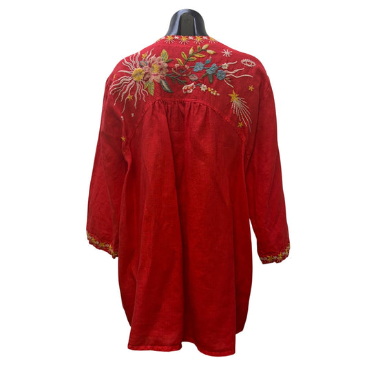 Johnny Was Red Embroidered Cotton Blouse Floral Red Multi L