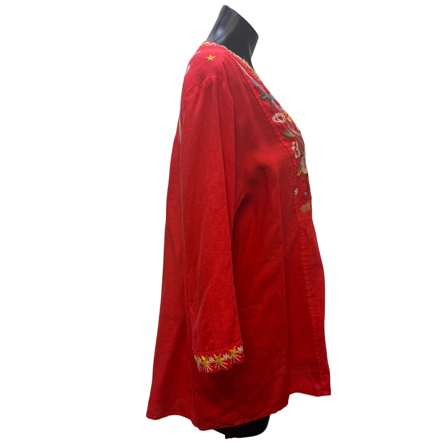 Johnny Was Red Embroidered Cotton Blouse Floral Red Multi L