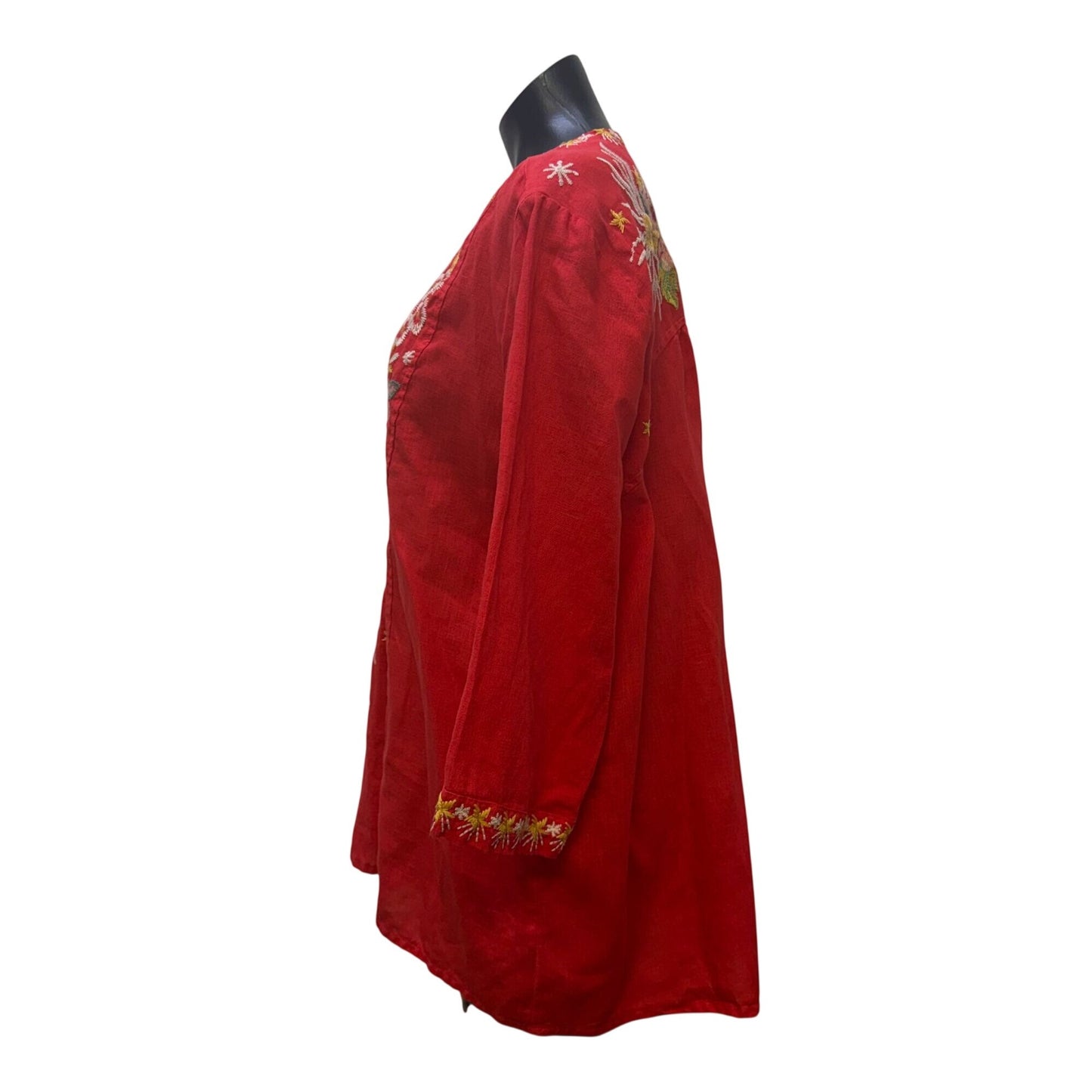 Johnny Was Red Embroidered Cotton Blouse Floral Red Multi L