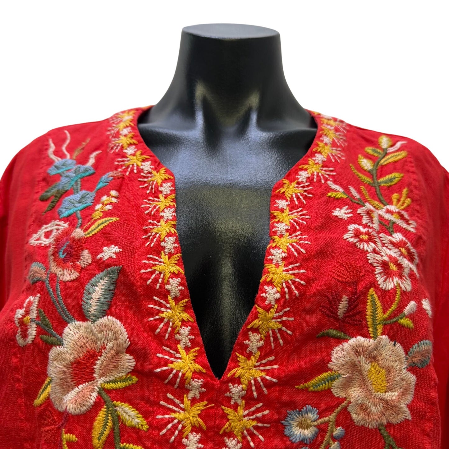 Johnny Was Red Embroidered Cotton Blouse Floral Red Multi L