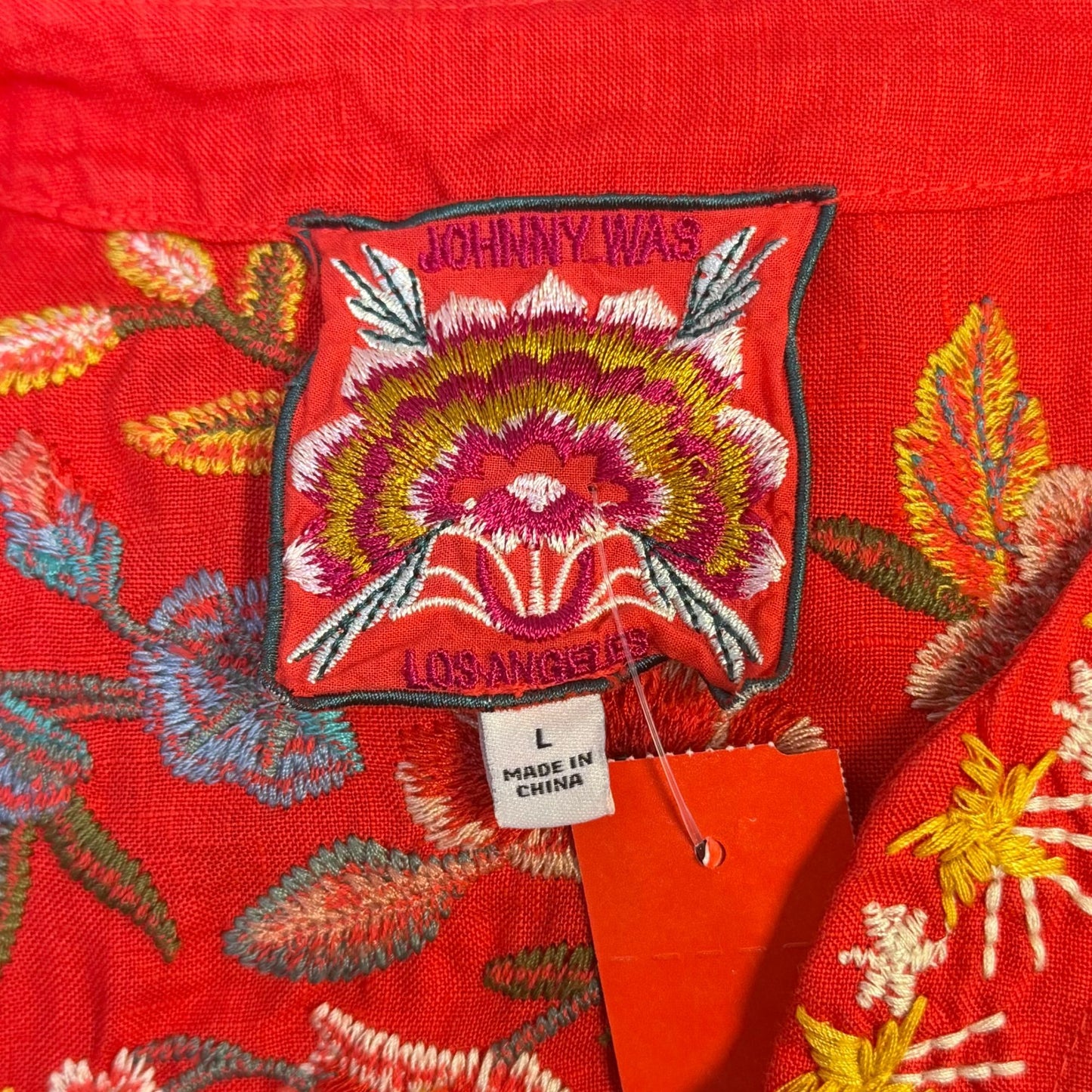 Johnny Was Red Embroidered Cotton Blouse Floral Red Multi L