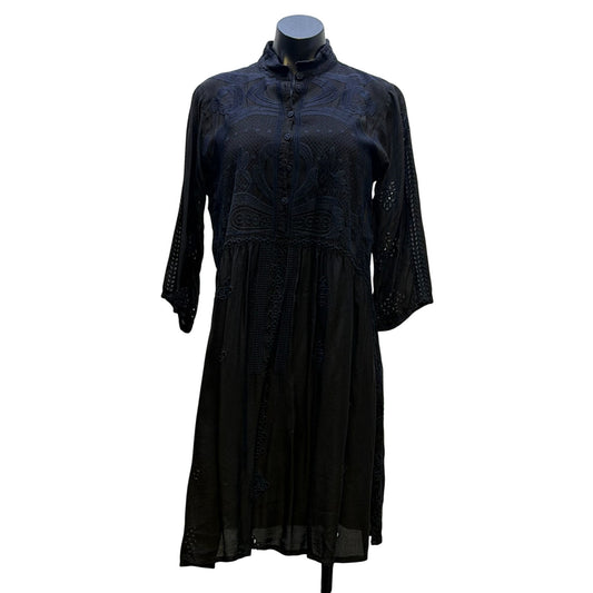Johnny Was Black Embroidered Silk Dress With Mandarin Collar & 3/4 Sleeves Size S