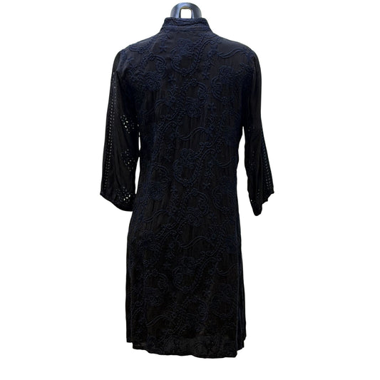 Johnny Was Black Embroidered Silk Dress With Mandarin Collar & 3/4 Sleeves Size S