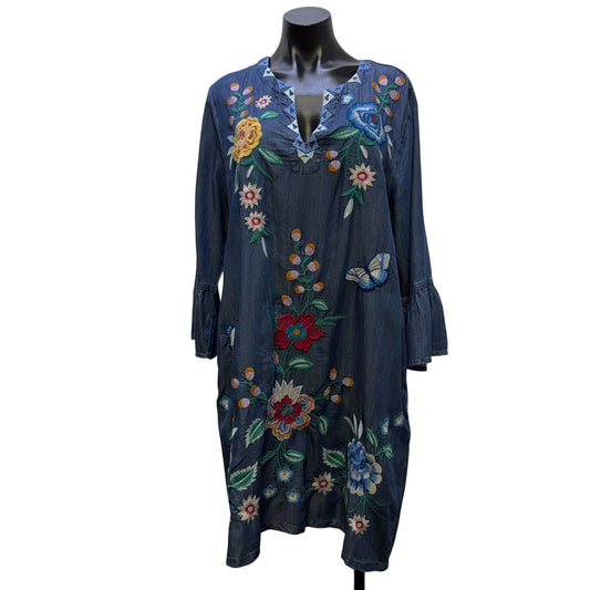 Johnny Was Workshop Blue Multi Embroidered Denim Dress L