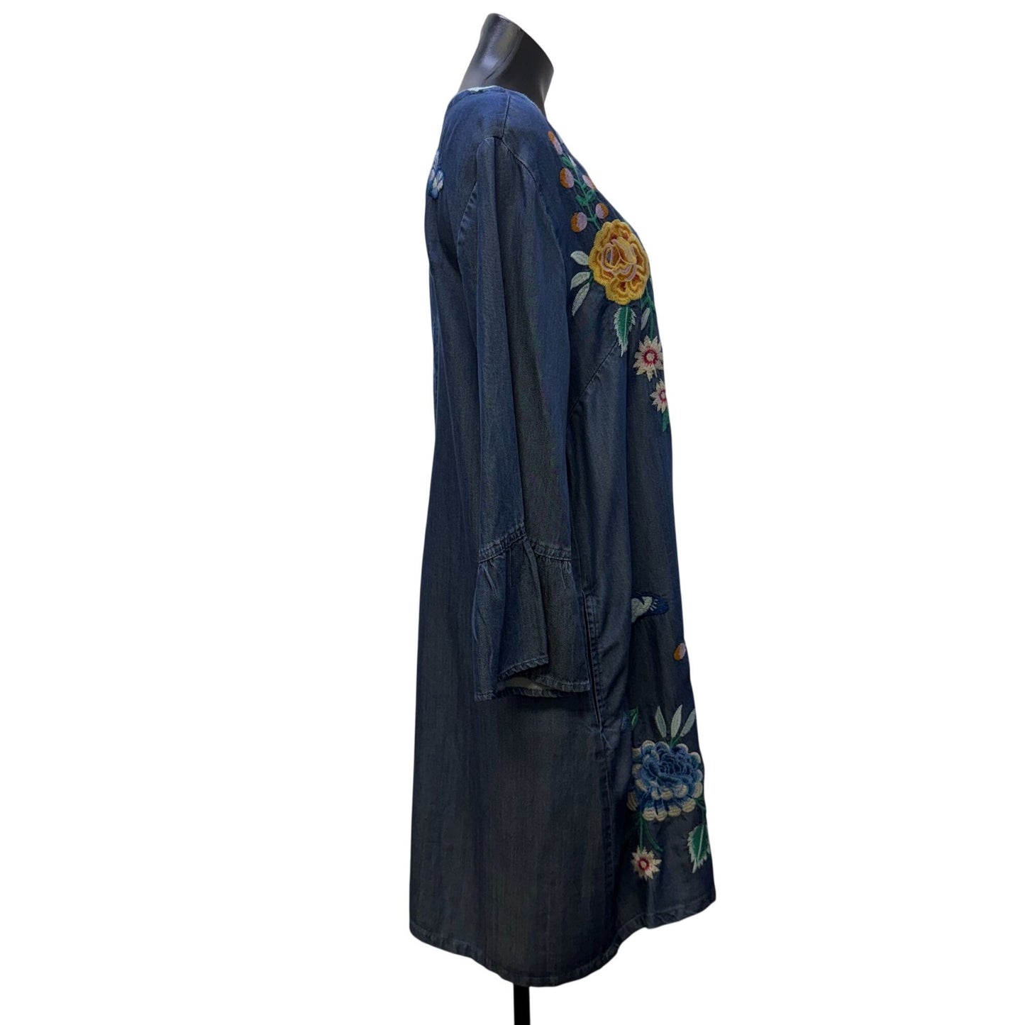 Johnny Was Workshop Blue Multi Embroidered Denim Dress L