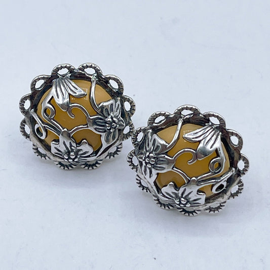925 Silver Vintage Style Stud Floral Earrings With Yellow Resin