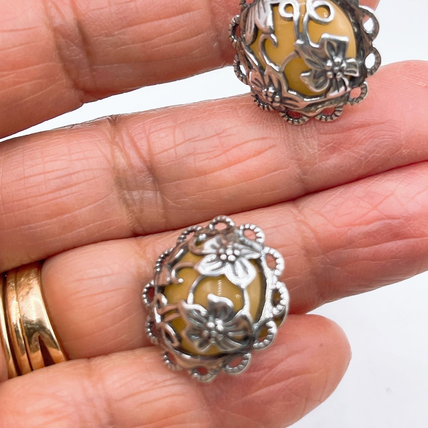 925 Silver Vintage Style Stud Floral Earrings With Yellow Resin