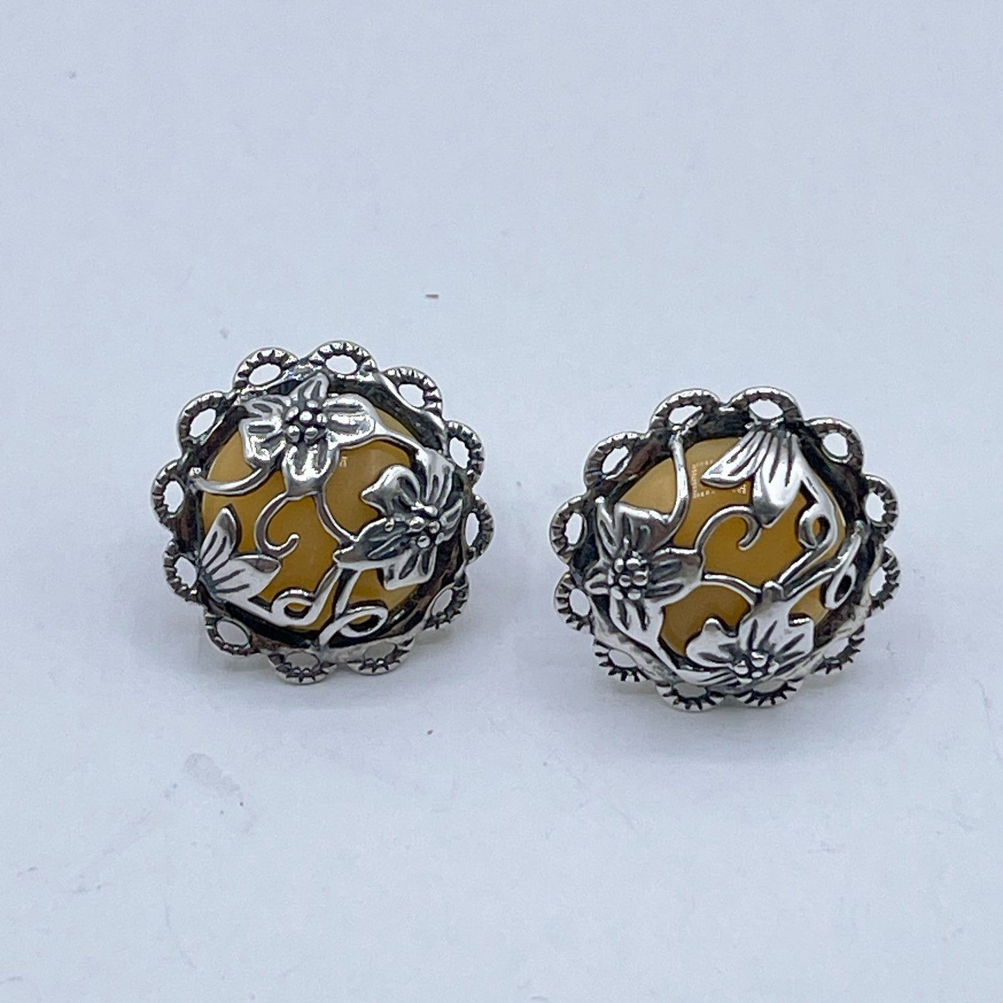 925 Silver Vintage Style Stud Floral Earrings With Yellow Resin