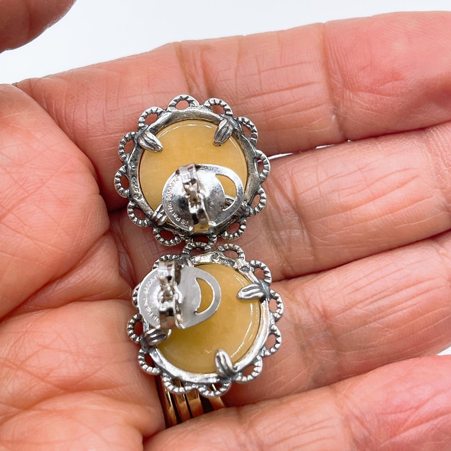 925 Silver Vintage Style Stud Floral Earrings With Yellow Resin