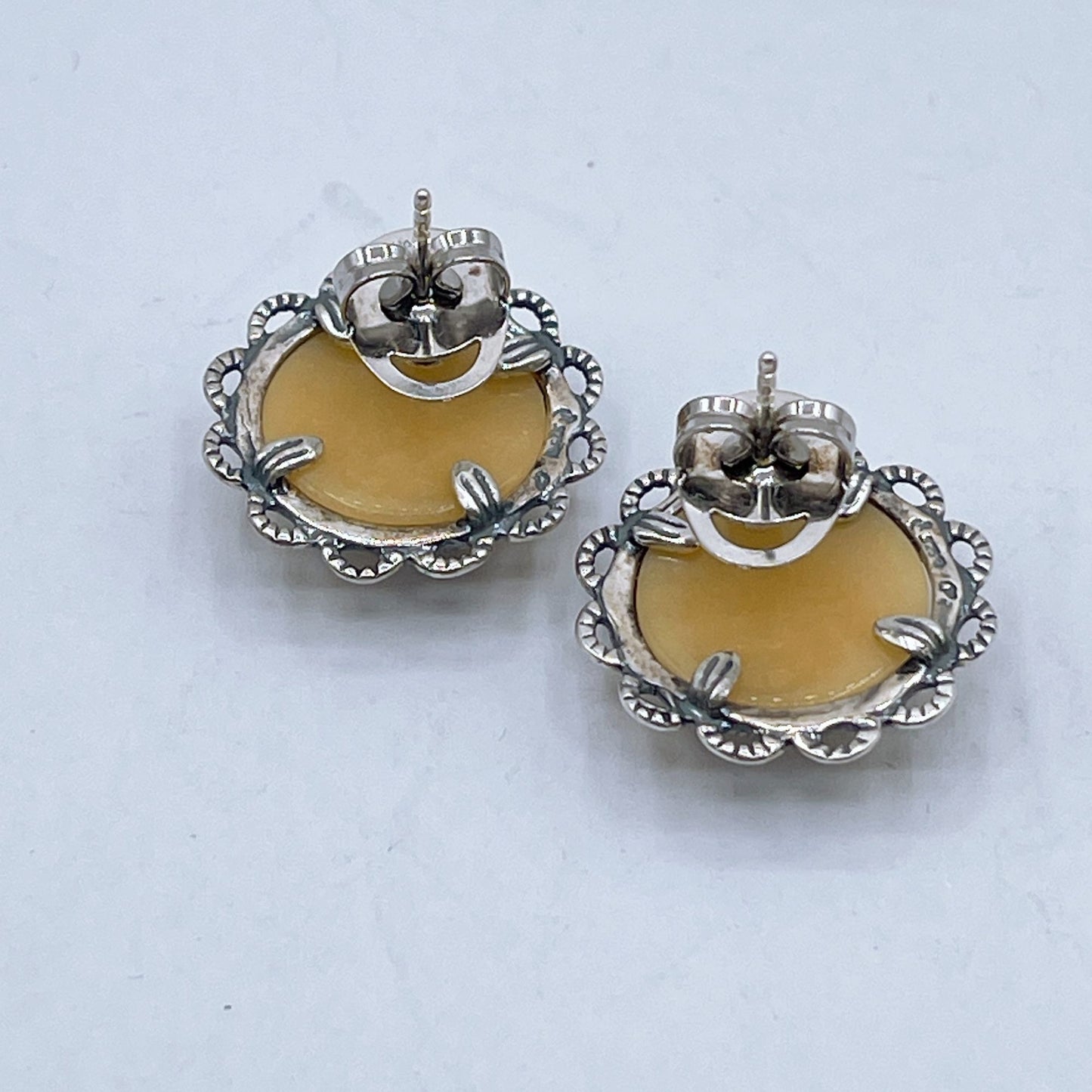 925 Silver Vintage Style Stud Floral Earrings With Yellow Resin
