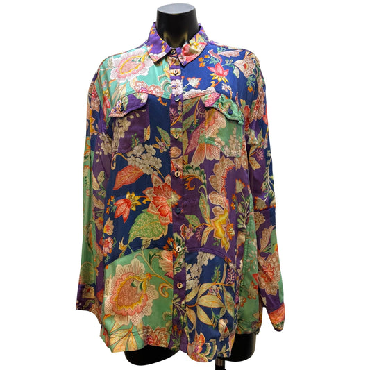 Johnny Was Silk Floral Print Blouse Button-Up Multi-Color Size M