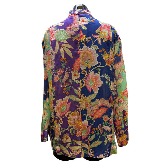 Johnny Was Silk Floral Print Blouse Button-Up Multi-Color Size M