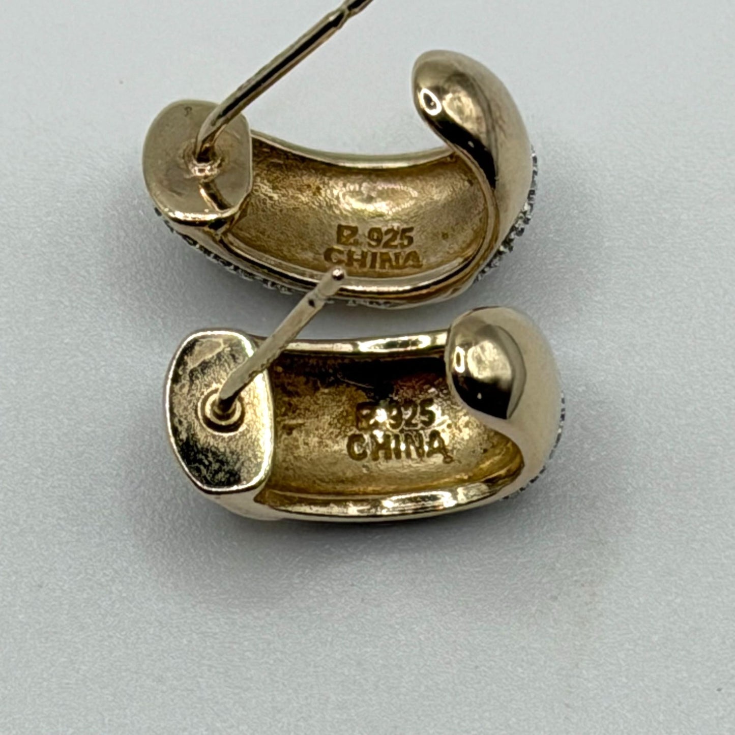 Gold-Tone & Silver Pave Crescent Hoop Earrings 925 Sterling Silver