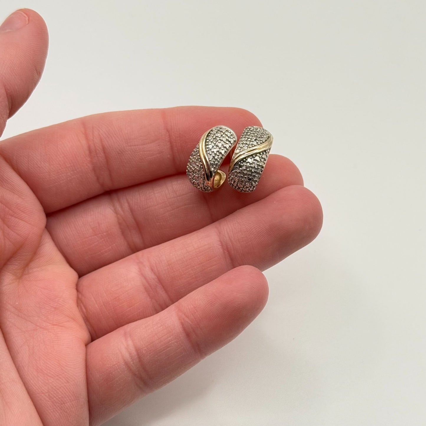 Gold-Tone & Silver Pave Crescent Hoop Earrings 925 Sterling Silver