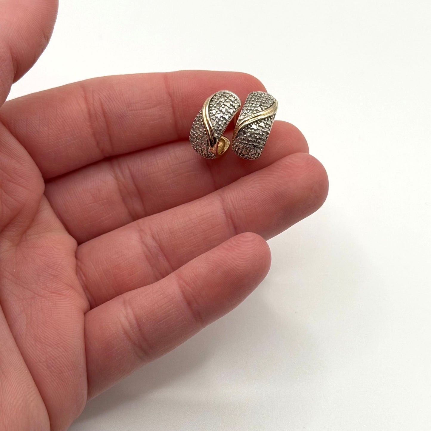 Gold-Tone & Silver Pave Crescent Hoop Earrings 925 Sterling Silver