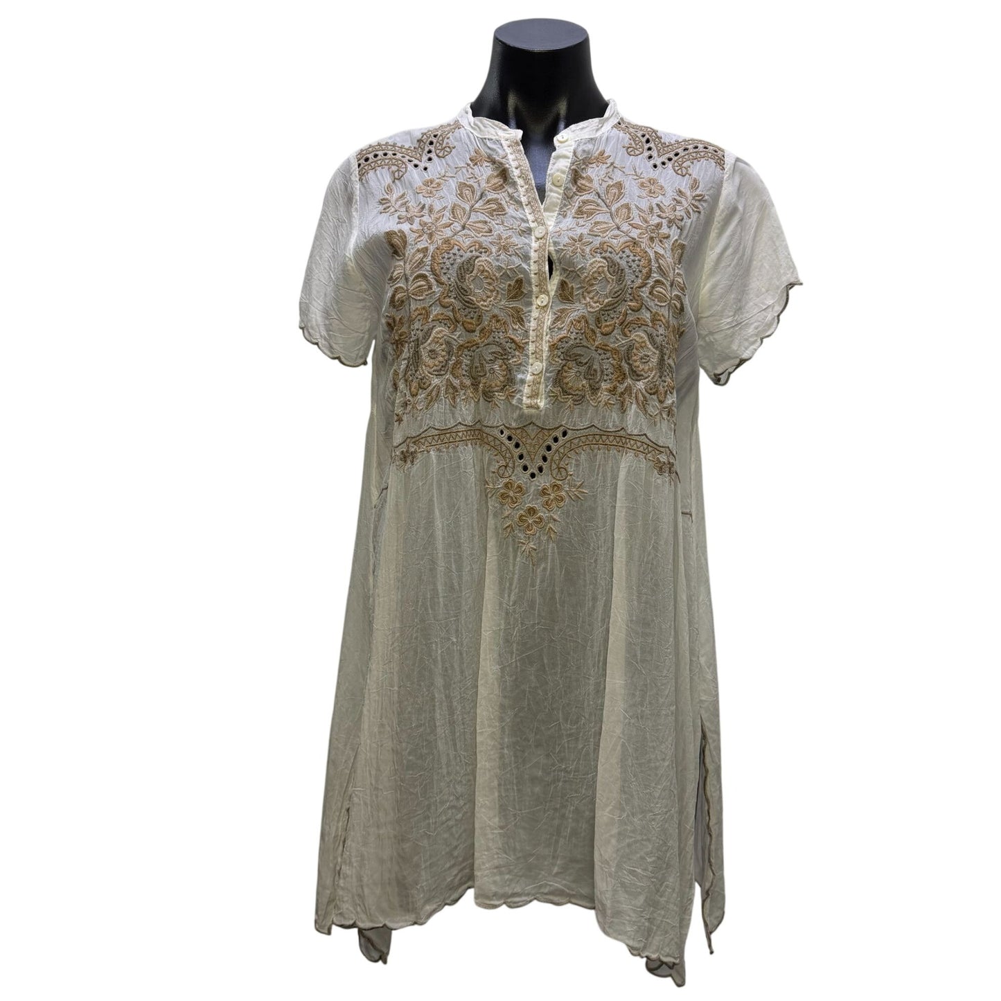 Johnny Was Embroidered White & Tan Boho Blouse Tunic Top S