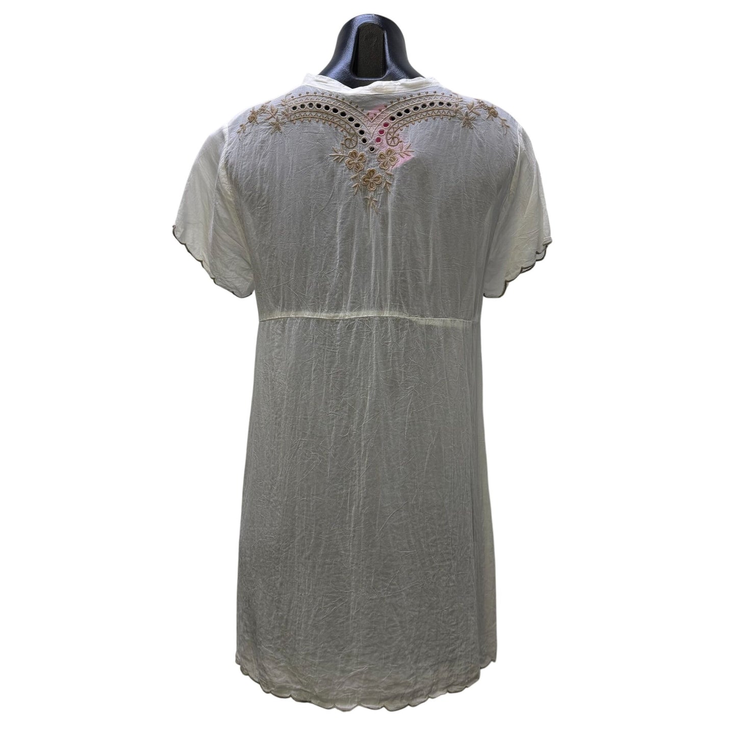 Johnny Was Embroidered White & Tan Boho Blouse Tunic Top S