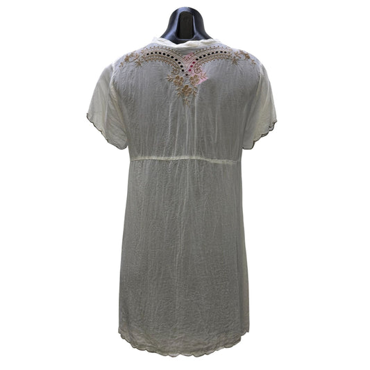 Johnny Was Embroidered White & Tan Boho Blouse Tunic Top S
