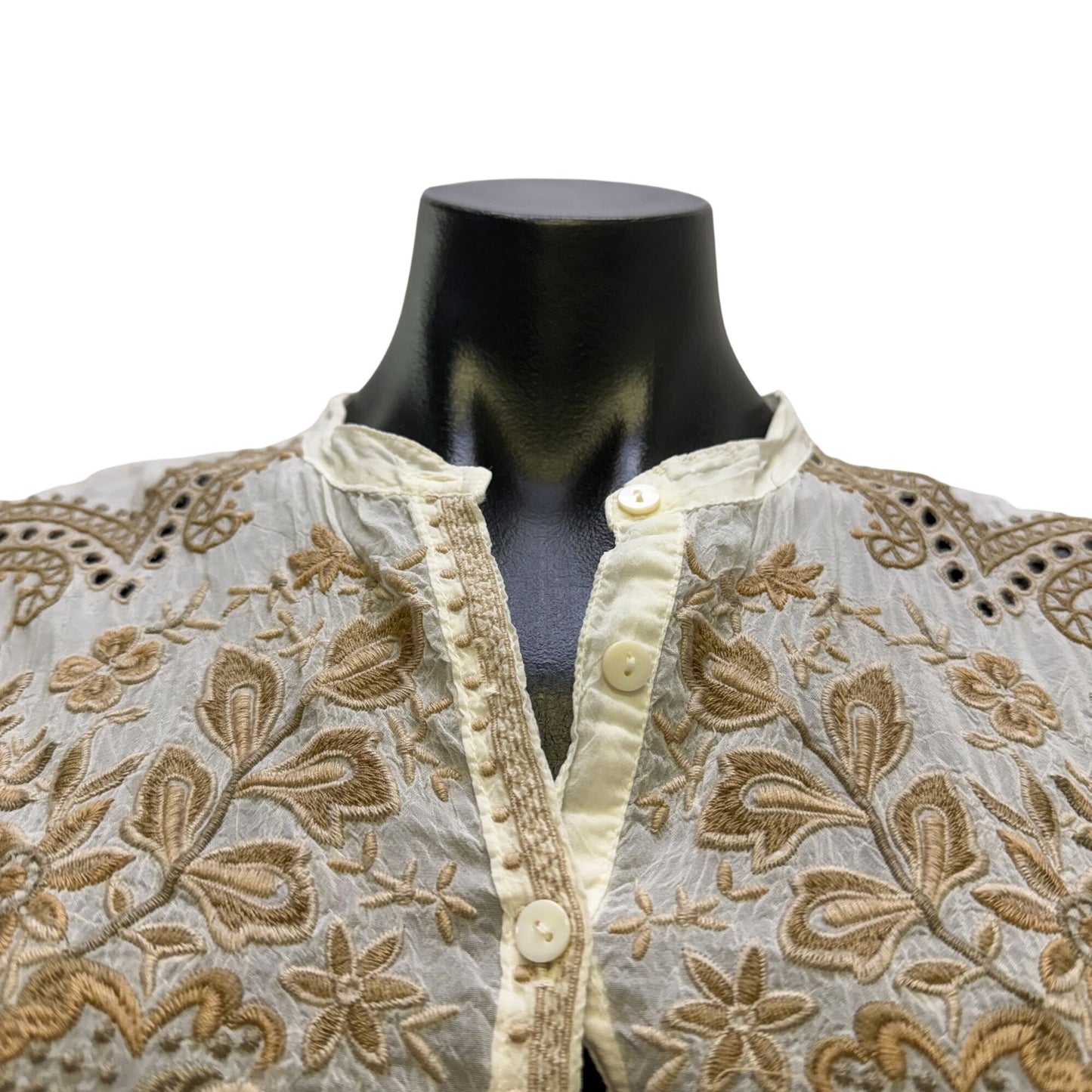 Johnny Was Embroidered White & Tan Boho Blouse Tunic Top S