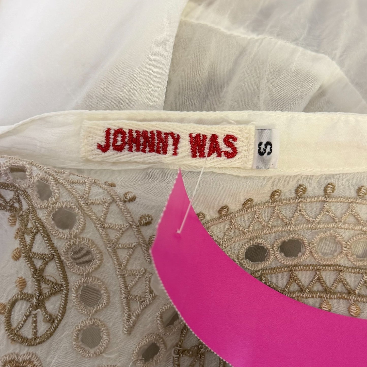 Johnny Was Embroidered White & Tan Boho Blouse Tunic Top S