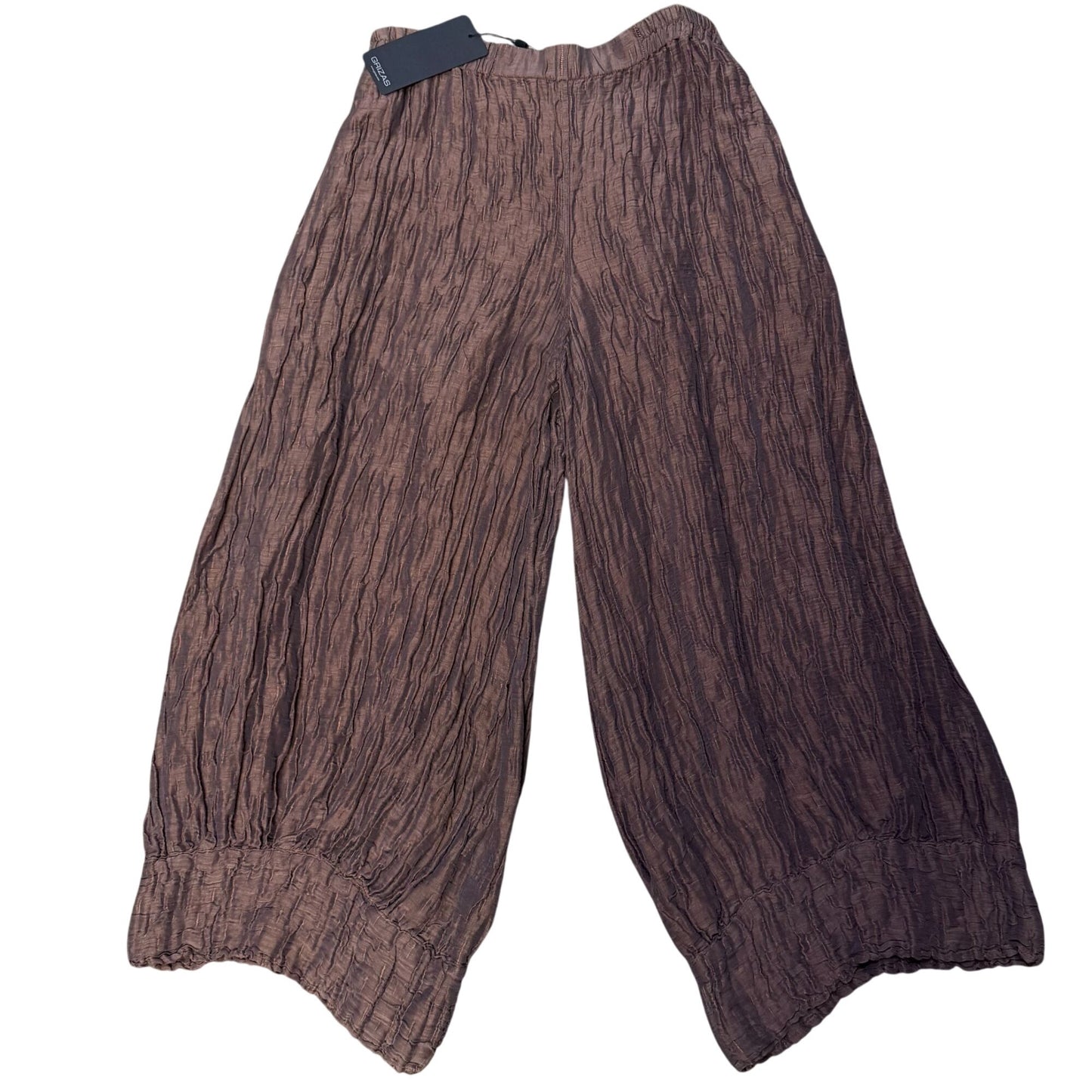 NWT Grizas Crinkle Silk Blend Brown Wide-Leg Pants M