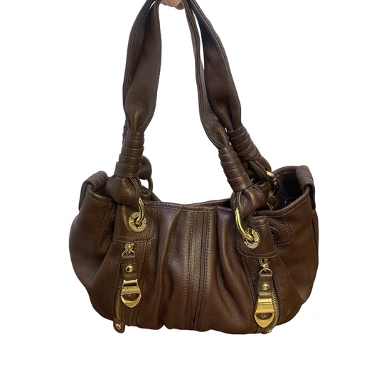 B Makowsky Brown Leather Shoulder Handbag w/Leopard Print Lining & Gold Hardware Size Large