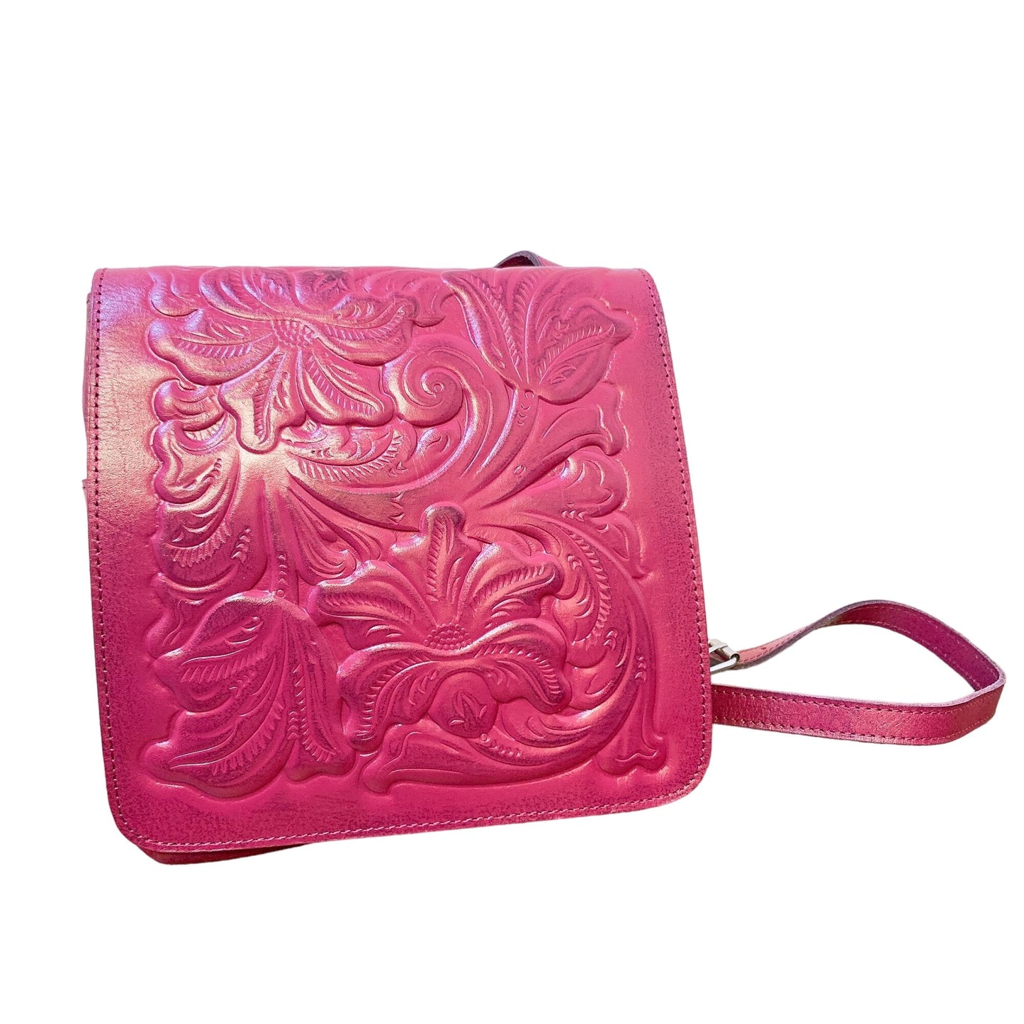 Patricia Nash Magenta Handcrafted Embossed Leather Crossbody Bag With Adjustable Strap