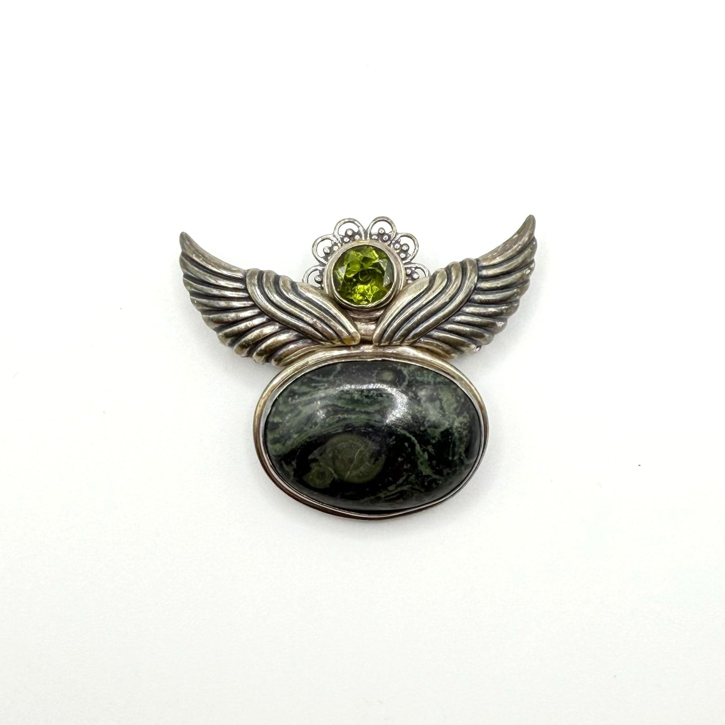 Jasper Peridot Sterling Silver Brooch Pendant Vintage 925