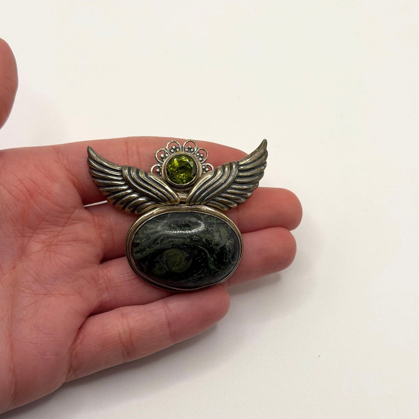 Jasper Peridot Sterling Silver Brooch Pendant Vintage 925