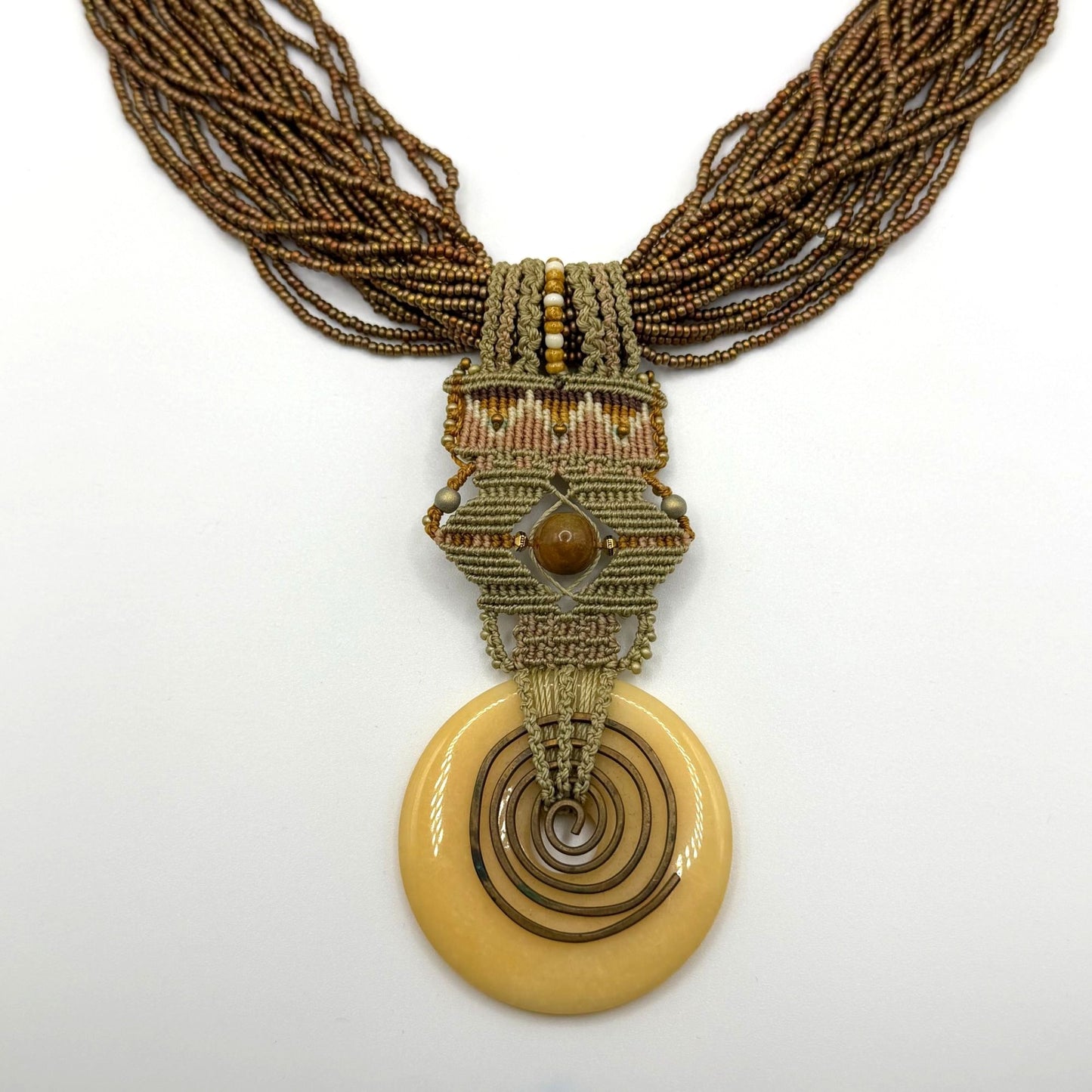 Joan Babcock Necklace Pendant Micro Macrame Multi-Strand Glass Circular Pendant