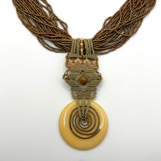 Joan Babcock Necklace Pendant Micro Macrame Multi-Strand Glass Circular Pendant