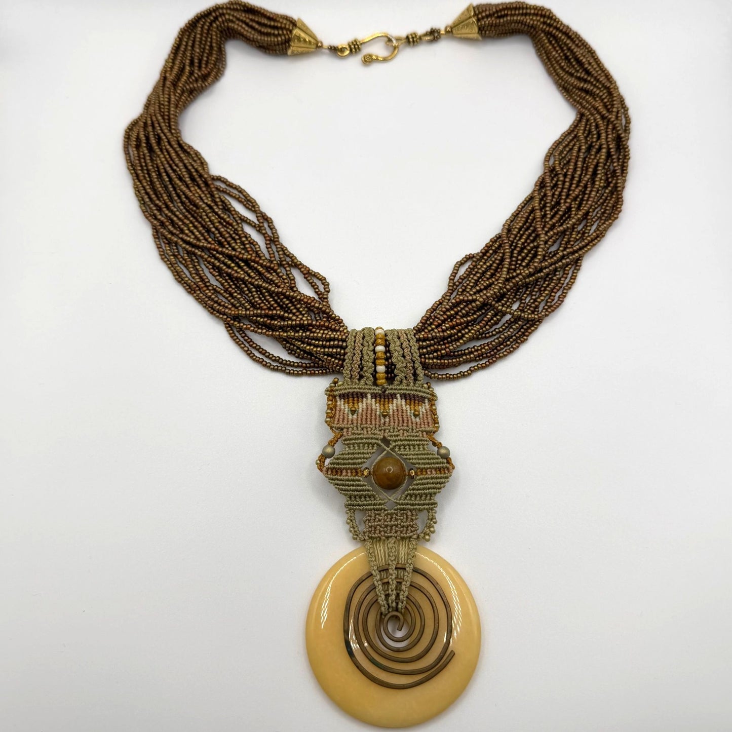 Joan Babcock Necklace Pendant Micro Macrame Multi-Strand Glass Circular Pendant