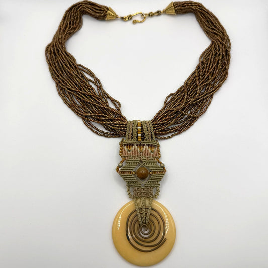 Joan Babcock Necklace Pendant Micro Macrame Multi-Strand Glass Circular Pendant
