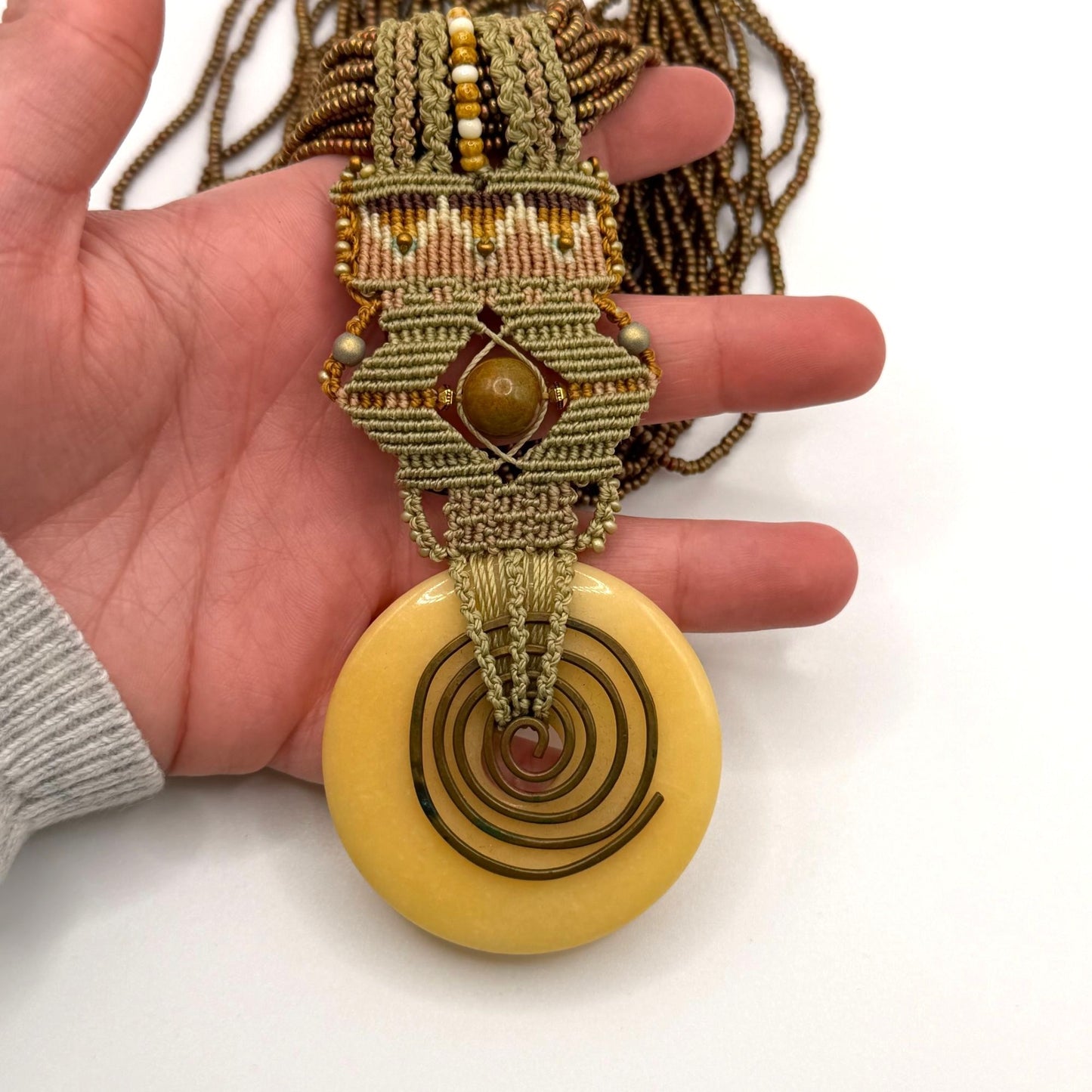 Joan Babcock Necklace Pendant Micro Macrame Multi-Strand Glass Circular Pendant