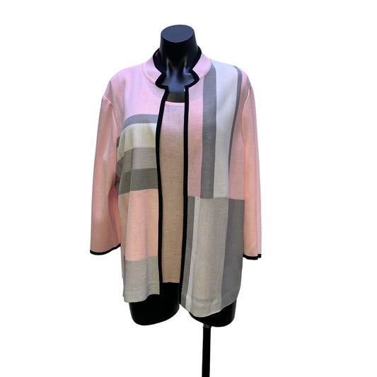 Ming Wang Pink, Gray, & White Knit Colorblock Cardigan w/Pink Shell Set Size XL