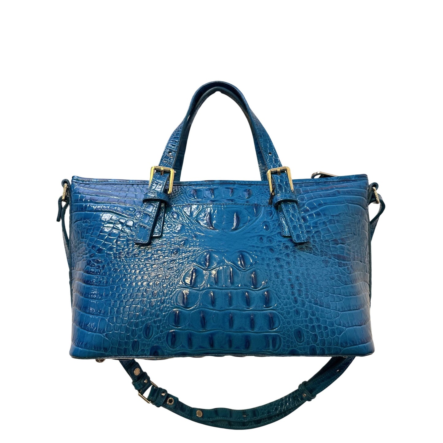 Brahmin Blue Crocodile-Embossed Leather Satchel w/Gold Hardware & Removable Strap