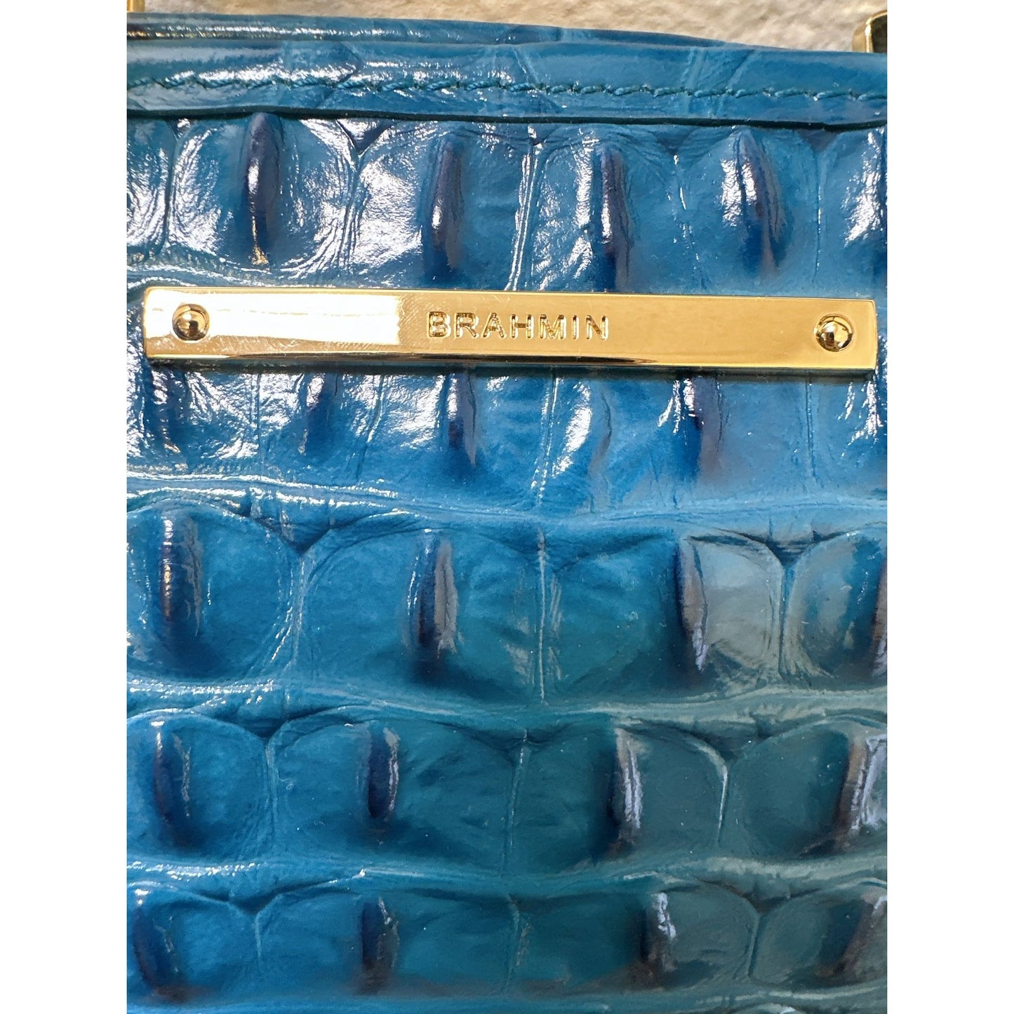 Brahmin Blue Crocodile-Embossed Leather Satchel w/Gold Hardware & Removable Strap