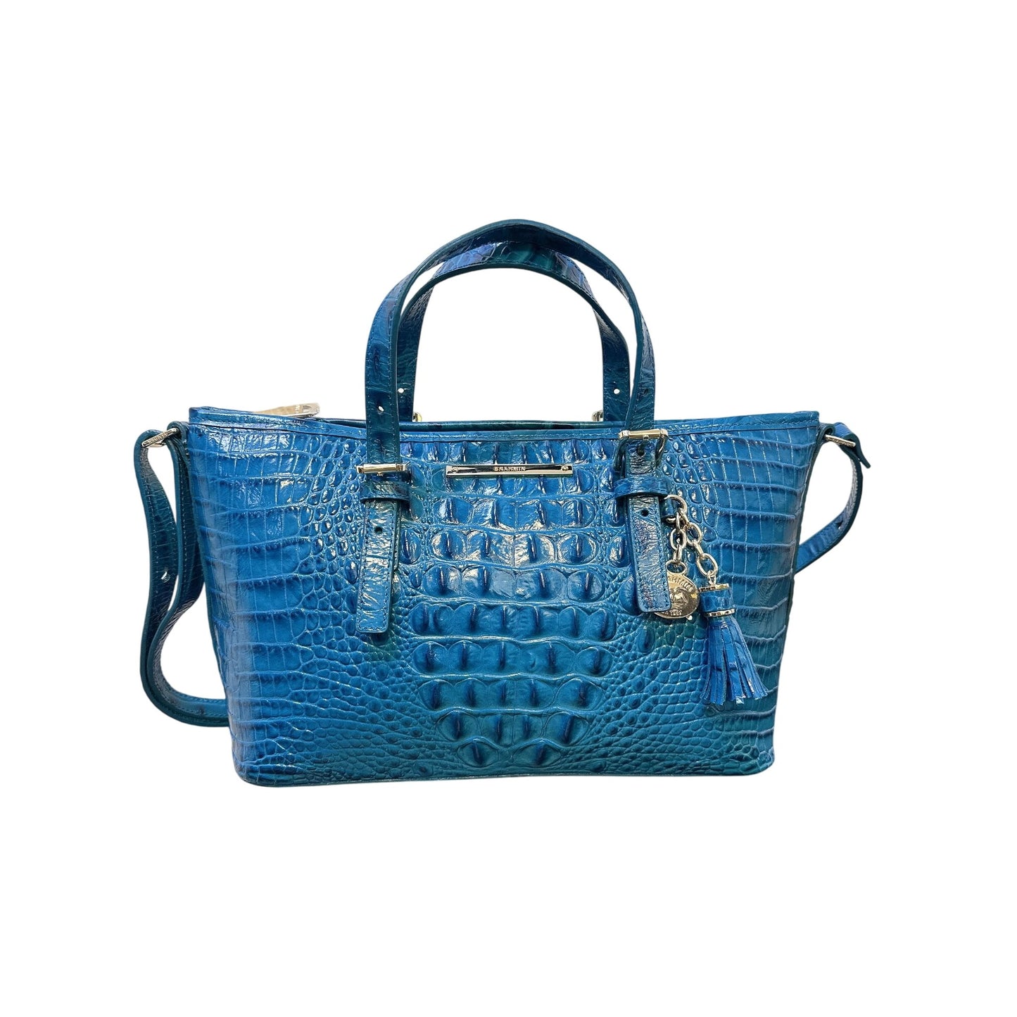 Brahmin Blue Crocodile-Embossed Leather Satchel w/Gold Hardware & Removable Strap