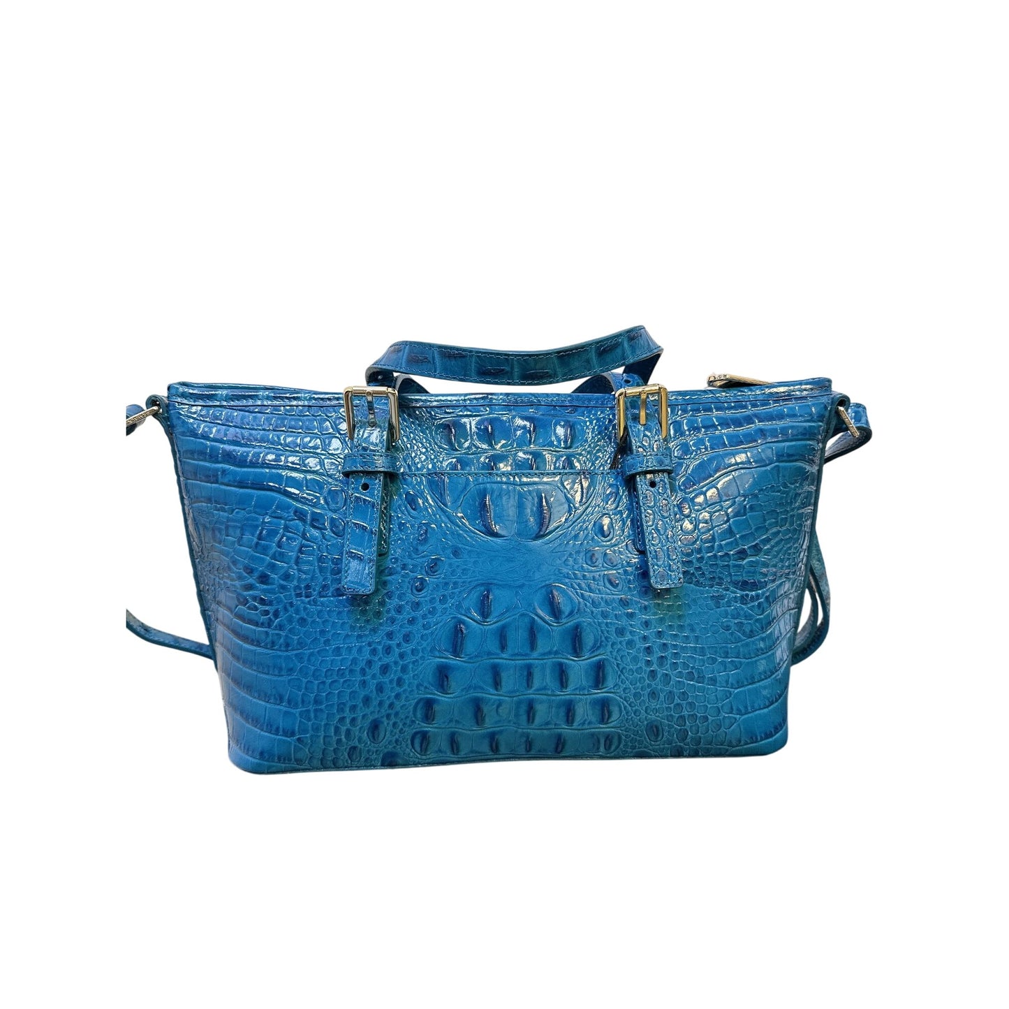 Brahmin Blue Crocodile-Embossed Leather Satchel w/Gold Hardware & Removable Strap