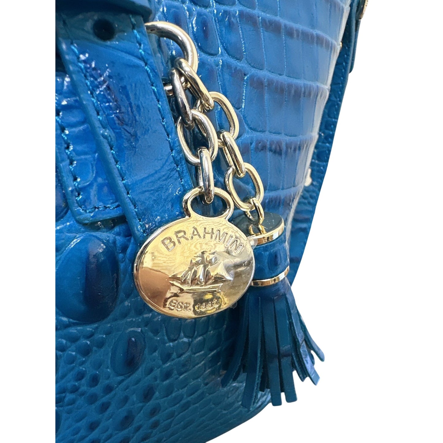 Brahmin Blue Crocodile-Embossed Leather Satchel w/Gold Hardware & Removable Strap