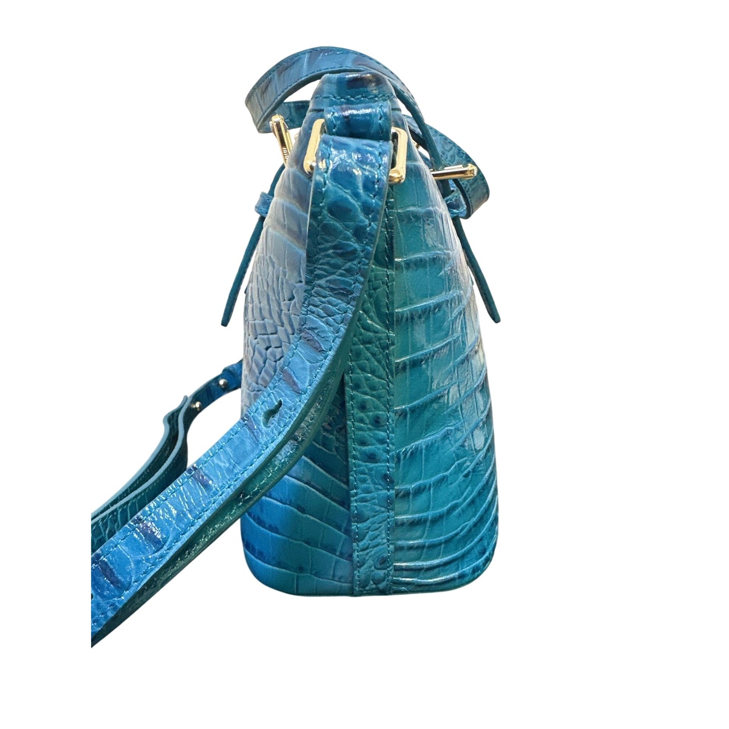 Brahmin Blue Crocodile-Embossed Leather Satchel w/Gold Hardware & Removable Strap