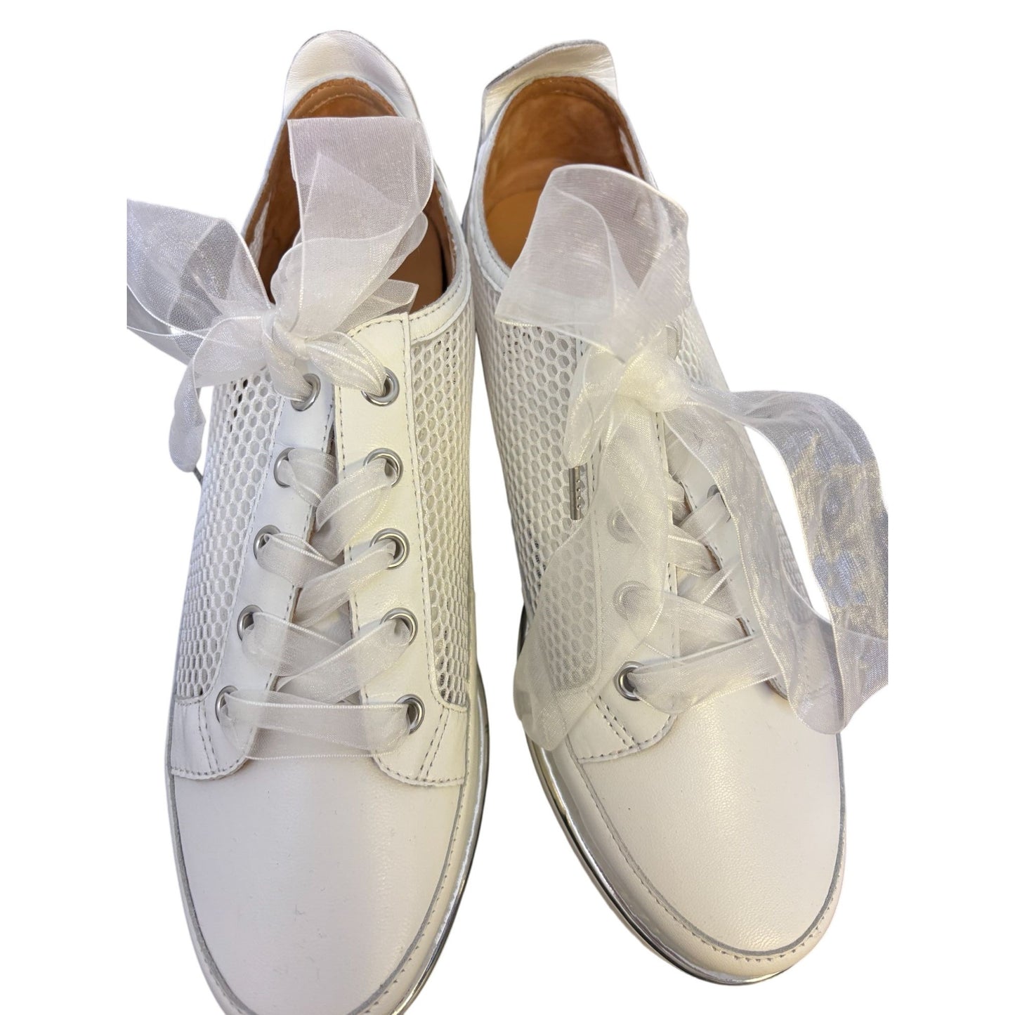 Lamour Des Pieds White Sneakers With Mesh Detail & Ribbon Laces Size