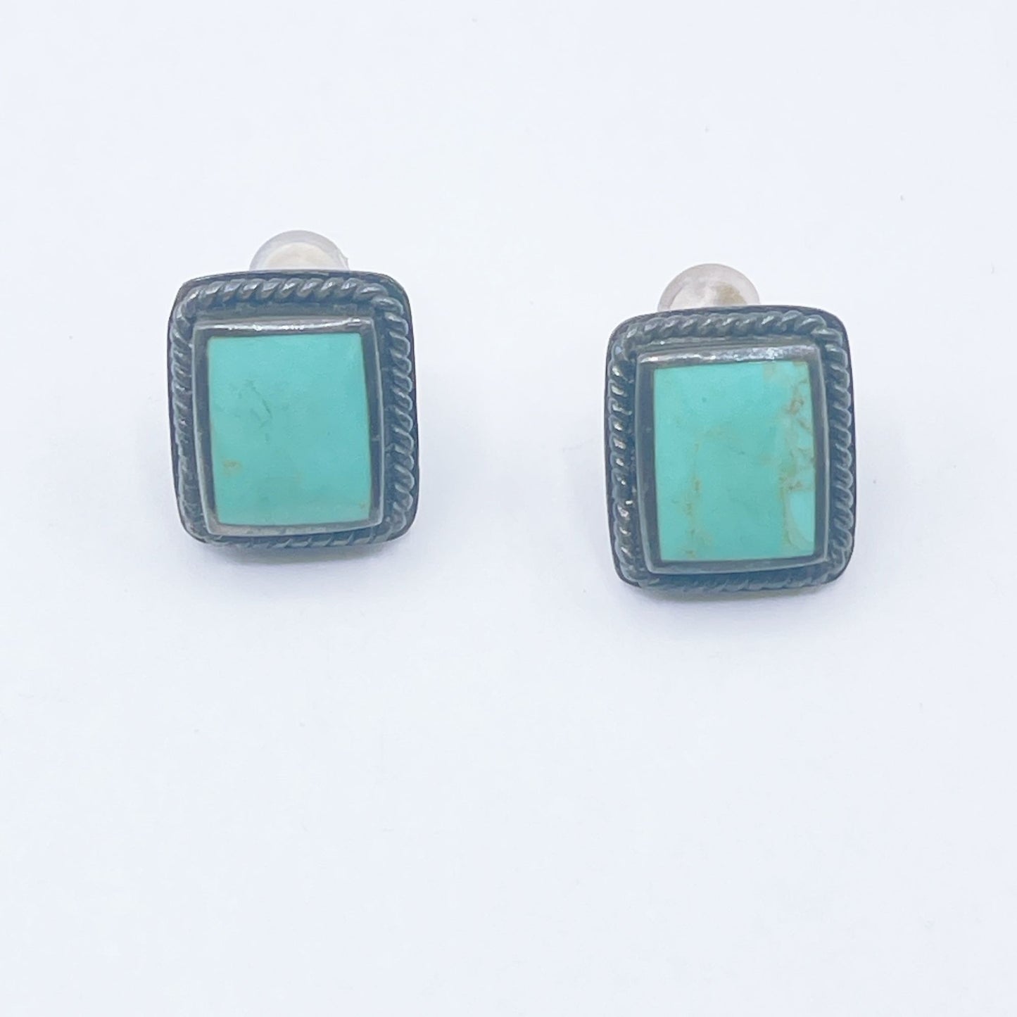 Vintage PB 925 Silver Tribal Turquoise Rectangle Stud Earrings